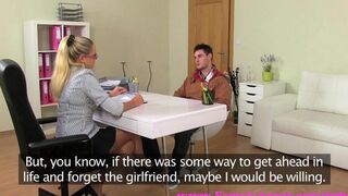 A blonde girl is fucking with a guy at the casting couch
