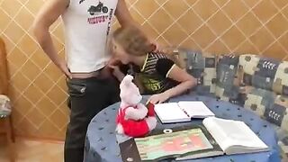 Instead of lessons, a cute schoolgirl gets fucked in the kitchen
