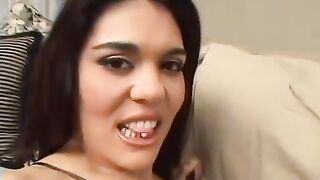 Two guys fuck a girl with big tits through her skirt