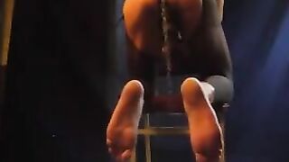 A man in pantyhose stands cancer and puts his dick in a tight spot