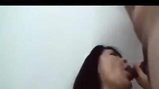 Mature Japanese man plays with his cock and gives a blowjob to a cute girl