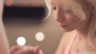 A sexy blonde makes a stunning blowjob in the studio with great passion