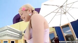 A blonde girl sucks a long dick in the pov view