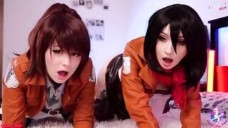 Cosplay threesome with Mikasa, Sasha, and Historia in wet pussy action
