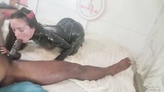 Petite succubus fucks with a man at a Halloween party, draining his dick