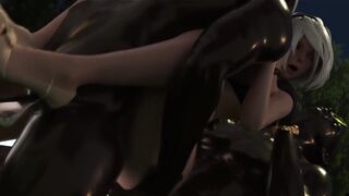 2B has double penetration sex in the park under the night sky