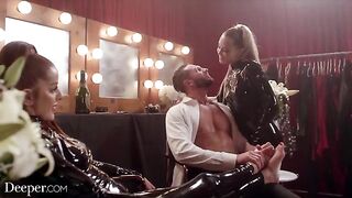 Avery and Vanna are having fun with a guy in latex attire