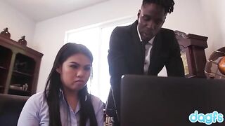 Small sized Asian lady Cindy Starfall fucks with a black hung during an interview