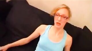 Skinny French teen with glasses gets fucked on the couch