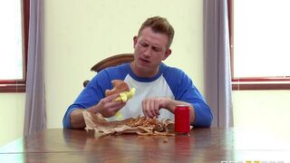 A wife, stimulated by cucumber, is being watched by her husband