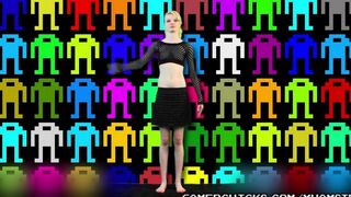 A sexy blonde girl is doing a striptease dance in front of a crowd of men who are eager to see her boobs