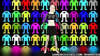 A sexy blonde girl is doing a striptease dance in front of a crowd of men who are eager to see her boobs