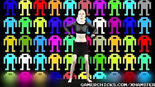 A sexy blonde girl is doing a striptease dance in front of a crowd of men who are eager to see her boobs