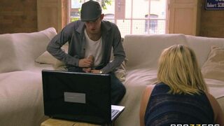 The depraved blonde with big tits fucked on the couch