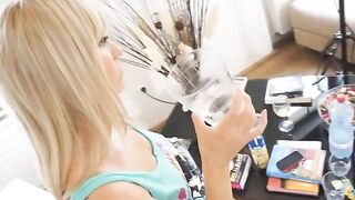 Blonde teen with big tits gets her pussy wet and horny