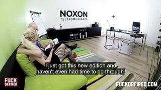 Fucking at the workplace is so nice. Hot blonde secretary in tight skirt & stockings shakes her ass!