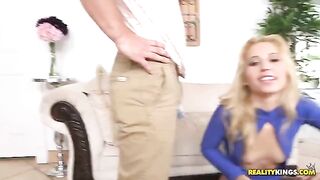 A young blonde got fucked on the couch with a hole in her cancer
