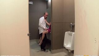 A hot blondie has sex in the toilet with her waiter in a restaurant
