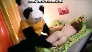 Plush Mishka got fucked by his hot mistress on the bed
