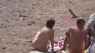 Bunch of wet pussies of naked girls on the beach after swimming