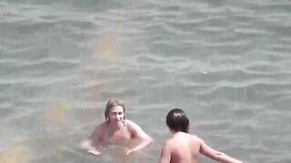 Bunch of wet pussies of naked girls on the beach after swimming
