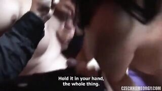 A drunk pregnant woman is participating in an orgy at home