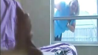 A woman peeps at a guy masturbating in his ward and helps him