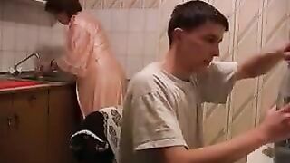 The cock sucking mom gets raped in the kitchen, it's much hotter