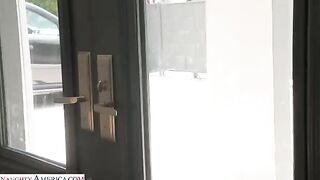 Skinny brunette takes a full member into her juicy ass
