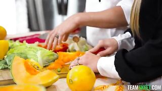 A man fucked two pink-haired girls with juicy asses in the kitchen