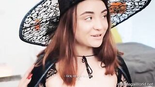 Lesbian beauties fucked by a guy in a costume on Halloween night