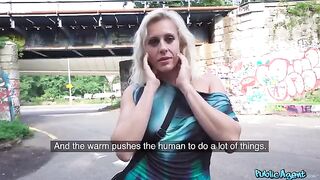 Blonde mature gets fucked in public by a guy with a big cock