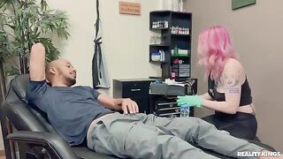 Tattooed beauty has a great time with a black guy in an intense interracial scene