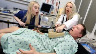 Doctor fucks two hot blondies in a hospital setting