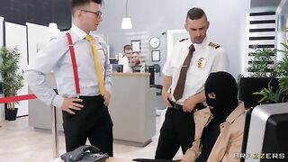 A hot bank robbery ends with a guy getting fucked in stockings