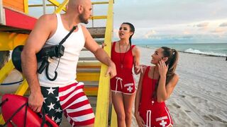 Two horny lifeguards share a cock in an intense FFM