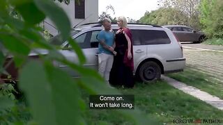 A mature blonde woman got fucked unexpectedly in her car, reminiscent of steamy backseat encounters