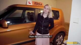 The guy with the big dick caresses huge boobs of blondie in car