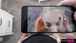 Pervert stepbrother checking out his stepsister's tits and asking her to show more