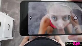 Pervert stepbrother checking out his stepsister's tits and asking her to show more
