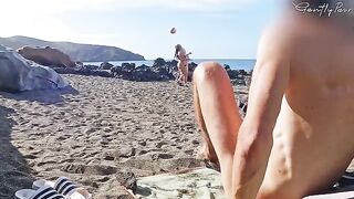 Two girls got caught for wanking on the nude beach
