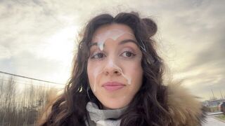 A guy had a semen on his face while walking around
