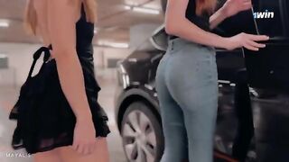 Two cute 18-year-olds are trying to squeeze into a small hood. Can they fit?