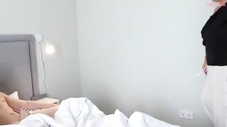 A cute girl bounces on a trampoline, exciting her stepdad in the process