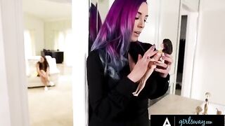Busty Angela White fucked hard by a stacked witch with colored hair in a steamy scene