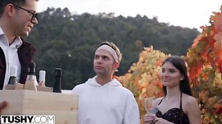 Stefany accepts a double penetration offer from two guys on holiday