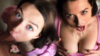 A cute girl with big natural tits makes a guy cum on her face