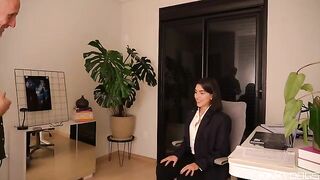 The employee's tongue works, and she enjoys it very much, in a steamy scene
