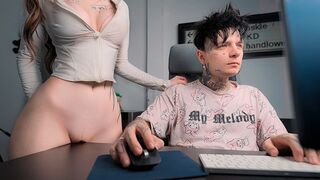 The girl rubs her pussy on the table and asks for cock, craving it intensely