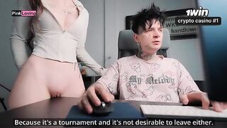 The girl rubs her pussy on the table and asks for cock, craving it intensely